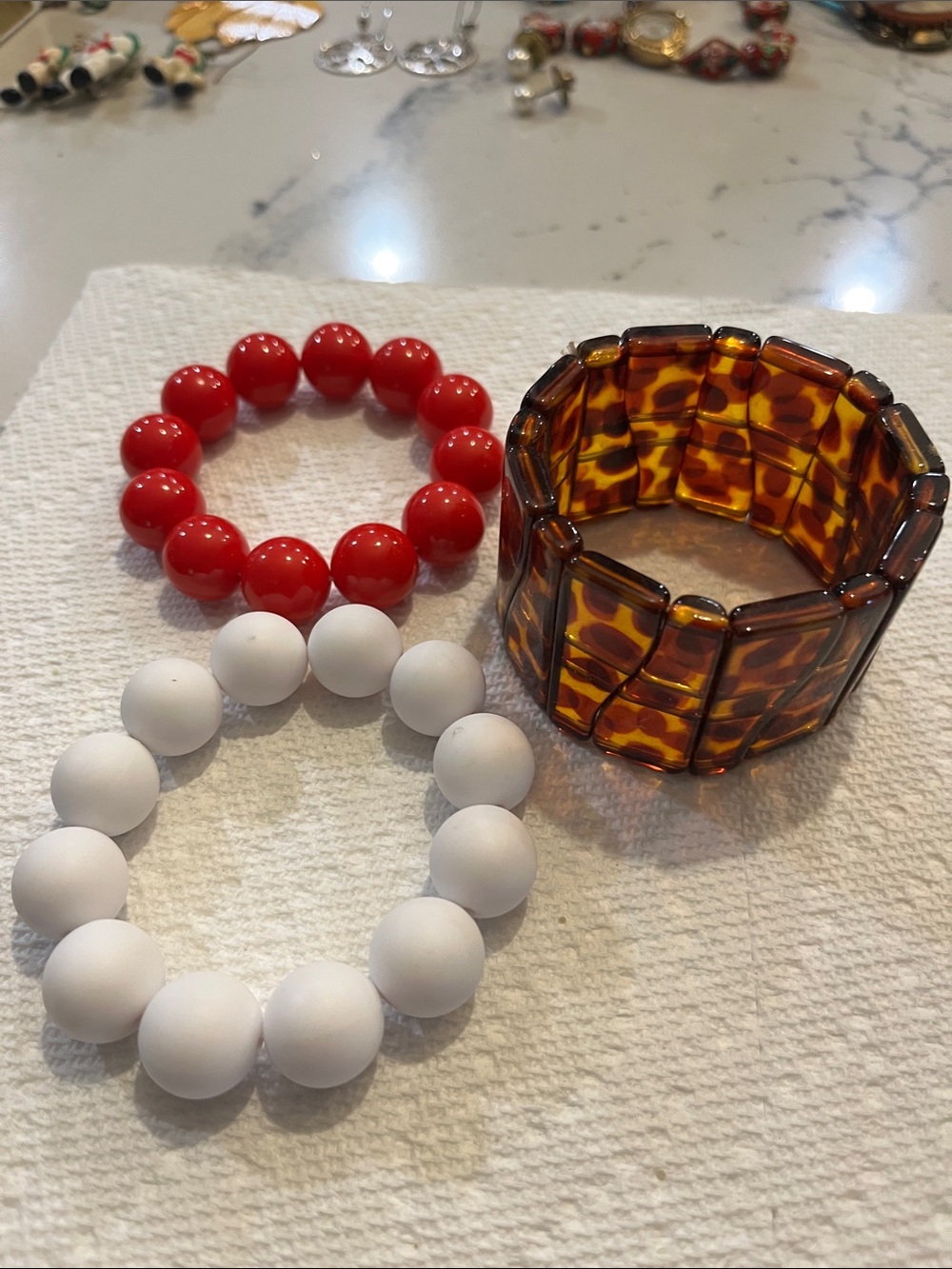 Red Beaded, White Beaded & Tortoiseshell Stretch Bracelets - Set of 3